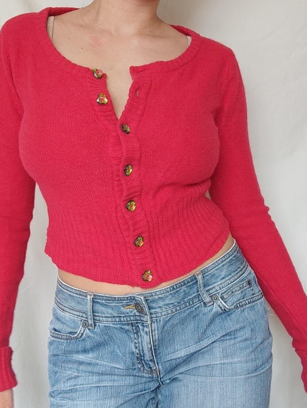 Hooch Red Wool Angora Sweater Cardigan with Heart Buttons